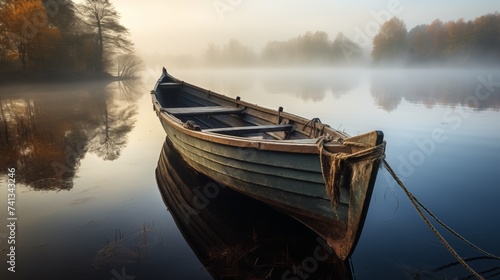 Misty Dawn over Serene Lake with Moored Rowboat