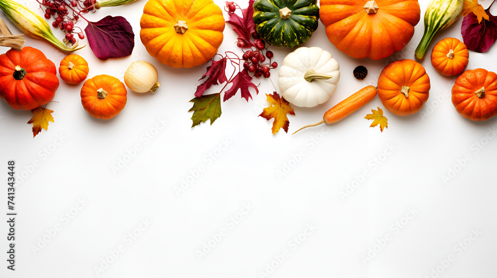 Corner layout with pumpkin, corn, other vegetables and autumn leaves. top view on a light wooden background. autumn flat lay,Top view of Autumn maple leaves with Pumpkin and red berries on white woo.
