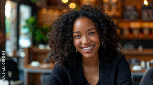 Joyful Woman Engaging in Pleasant Conversation, Social Interaction in a Potential Cafe Setting, Focus on Smiling Female with Natural Curled Hair and Dark Blazer, Casually Formal Attire. © Michael
