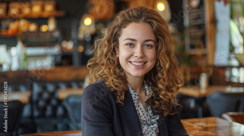 Joyful Woman Engaging in Pleasant Conversation, Social Interaction in a Potential Cafe Setting, Focus on Smiling Female with Natural Curled Hair and Dark Blazer, Casually Formal Attire.