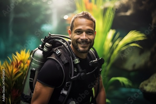 Portrait of a young man wearing scuba gear in an aquarium © Nerea