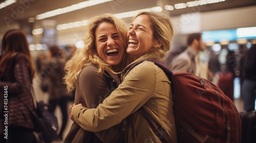 Joyful Embrace Between Laughing Friends at Airport