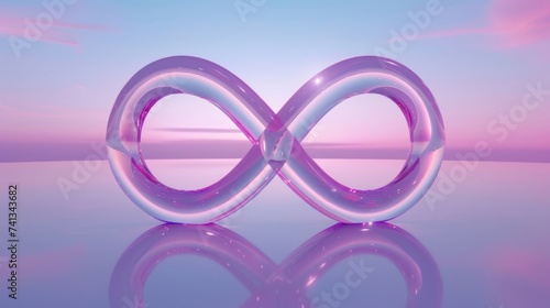 A glossy, infinite loop symbol in purple hues against a serene pink-blue gradient, reflecting on a smooth surface. Ideal for concepts of eternity, technology, and modern design.