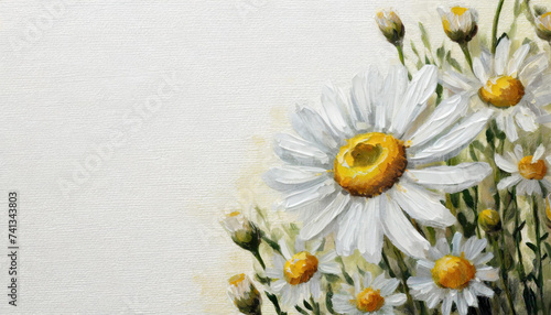 Oil painting of a Chamomile pure white background canvas, copyspace on a side