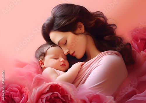 Mother Holding Baby on Pink Background