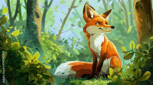 A vibrant illustration of a fox in a sunlit forest, perfect for storybook or nature themes.