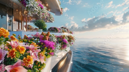 a yacht festivity with the deck adorned in vibrant flowers, set against the backdrop of tranquil waters reflecting the dreamlike scene.