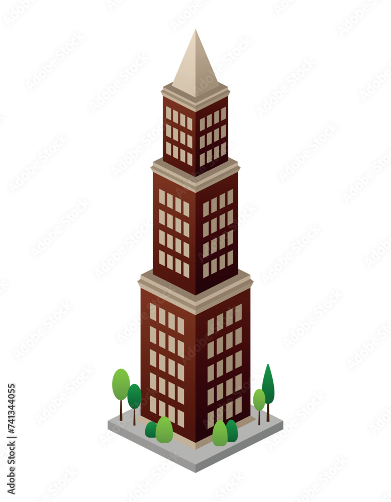 City building of colorful set. The illustration skillfully captures the urban skyline with its towering skyscraper against a clean white background. Vector illustration.