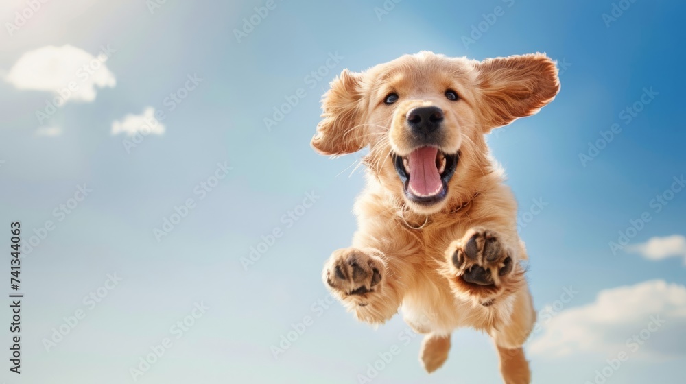 Joyful dog jumping in a sunlit field, portraying happiness and energy. Perfect for pet care, outdoor activities, and happiness concepts