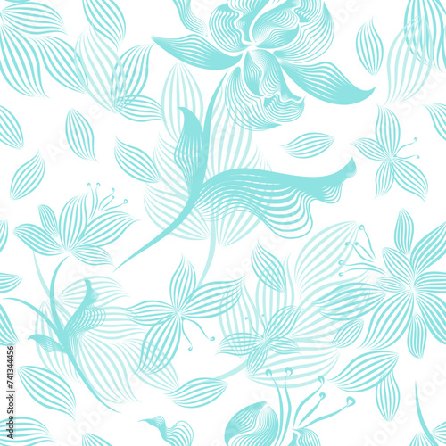 Floral seamless pattern. Flower background. Floral seamless texture with flowers. Seamless background blue line. hand drawing. Not AI, Vector illustration