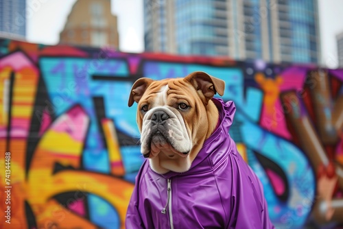 bulldog in a purple raincoat with a backdrop of city graffiti