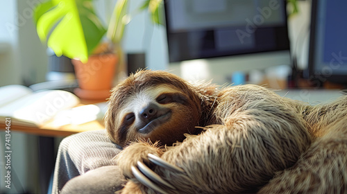 A sloth taking a nap at its office desk, exemplifying the idea of lethargic colleagues. photo