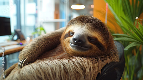Sloth sleeping at workplace in light comfortable office, lazy co-workers concept  photo