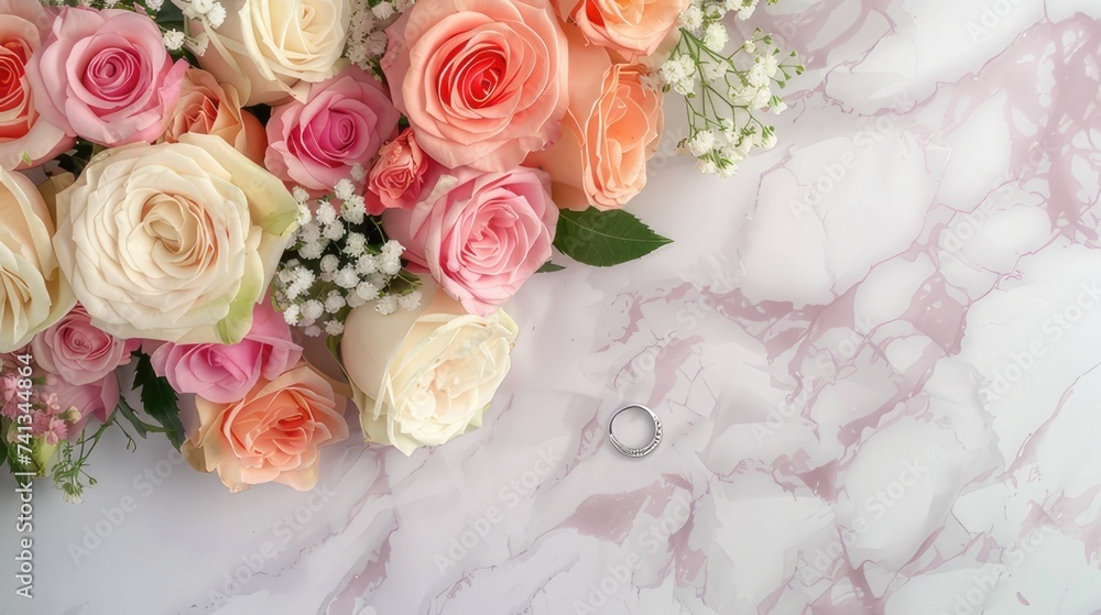 a bridal flower arrangement featuring roses in a variety of pastel colors, beautifully arranged in a top view, flat lay composition, perfect for inspiring brides to be.