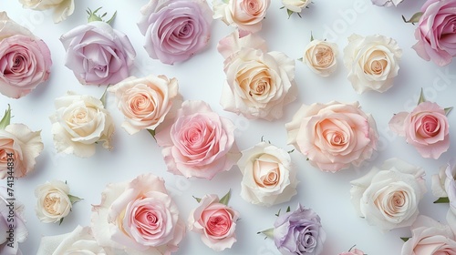 a bridal flower arrangement featuring roses in a variety of pastel colors, beautifully arranged in a top view, flat lay composition, perfect for inspiring brides to be.