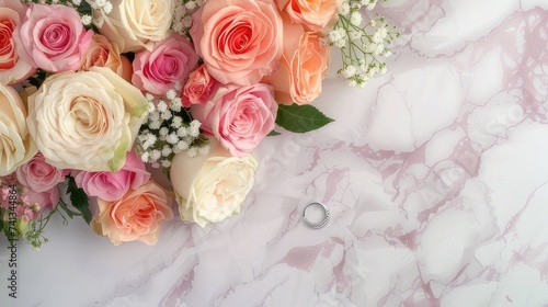 a bridal flower arrangement featuring roses in a variety of pastel colors  beautifully arranged in a top view  flat lay composition  perfect for inspiring brides to be.