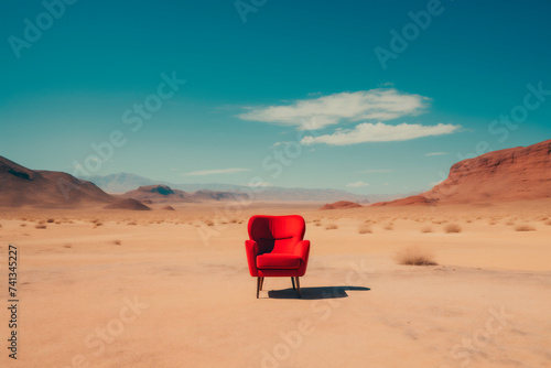 Generative Ai image of a red chair in the middle of the desert.