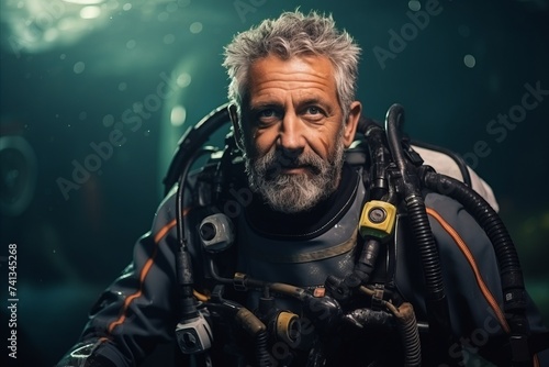 Portrait of a senior man with a beard wearing scuba diving suit