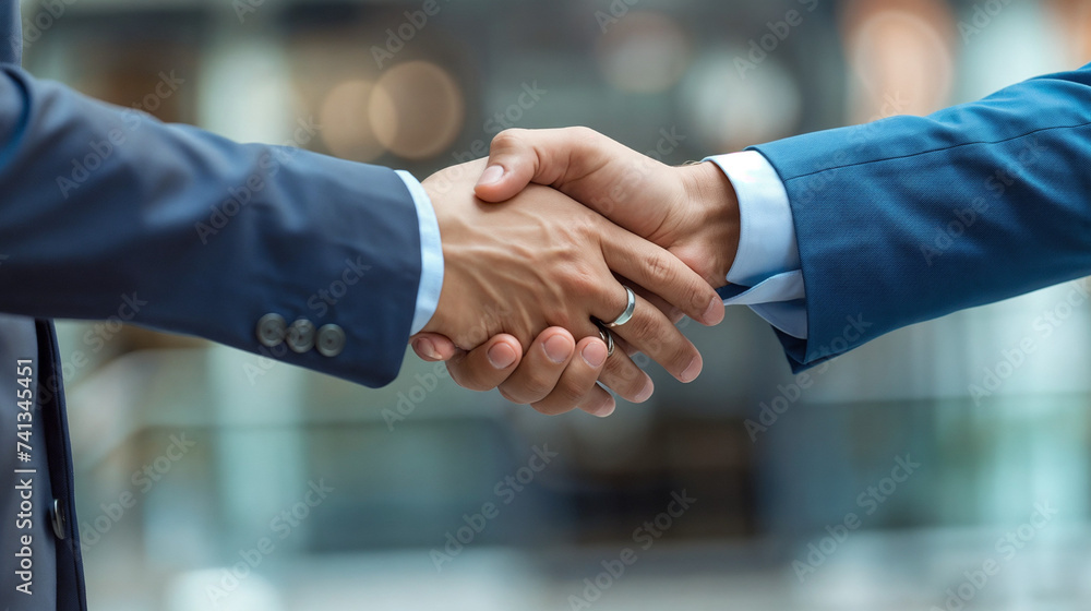 Professional Handshake in Business Setting, Businesswear with Cufflinks, Blue Suit, Light-Colored Shirt in Background Blur indicative of Formal Event or Office Environment. Professional Handshake in Business Setting, Businesswear with Cufflinks, Blue Suit, Light-Colored Shirt in Background Blur indicative of Formal Event or Office Environment.