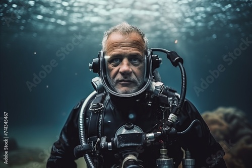 Portrait of a diver wearing a diving suit and looking at camera © Nerea