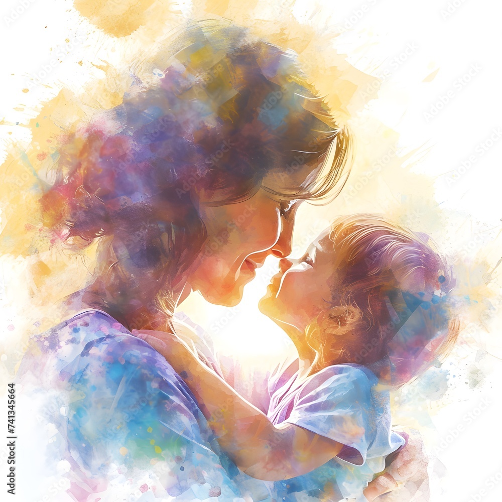 Tender Embrace: Watercolor Painting of Mother and Child in a Loving Moment