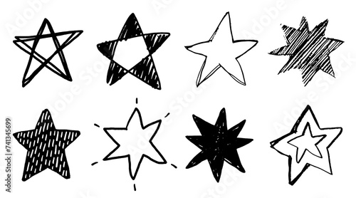 Set of black doodle style stars drawn by hand. Grunge scrawls, charcoal scribbles, rough brush strokes, underlines. Bold charcoal freehand stars. Crayon or marker scribbles