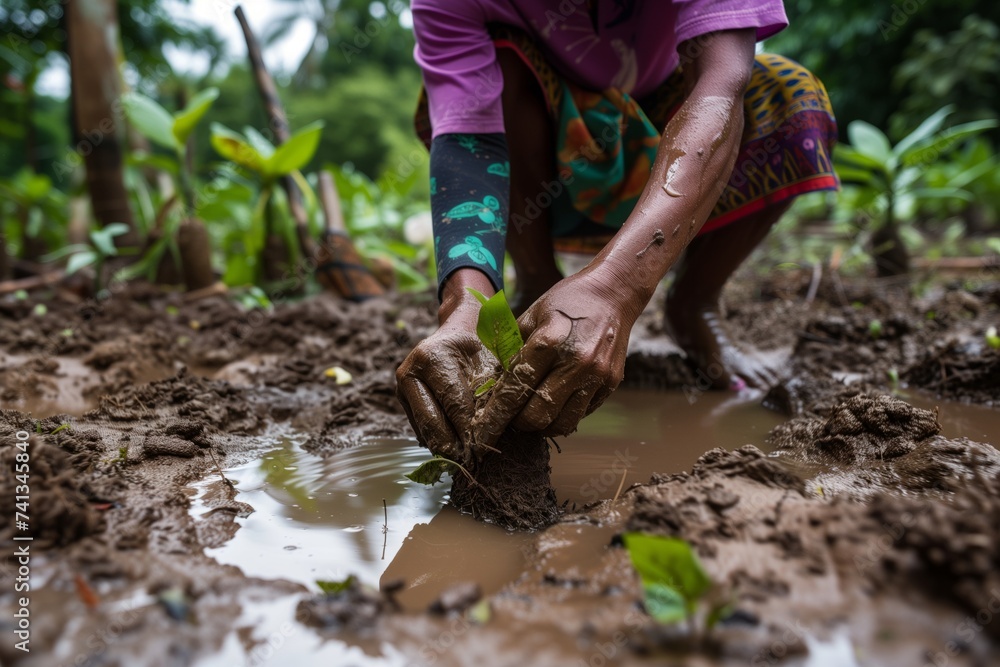 Fototapeta premium individual planting trees in a region affected by floods