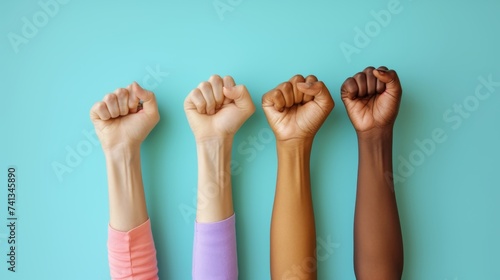 International Women's Day symbol of love and diversity - people's hands raised with clenched fists. Human rights, feminism, equality