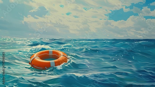 safety and hope amidst the vastness of the open sea with an orange lifebuoy floating serenely, symbolizing protection and optimism under the expansive sky.