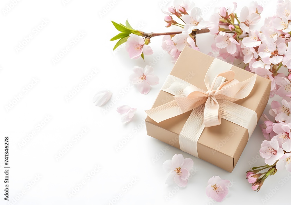Beige Gift Box Adorned With Delicate Flowers and Satin Ribbon for Mothers Day Beige Gift Box Adorned With Delicate Flowers and Satin Ribbon for Mothers Day