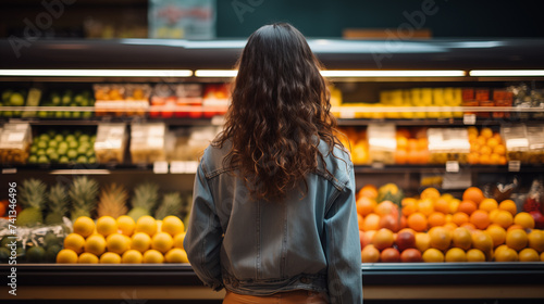 a girl shopping in a supermarket and purchasing food from the store