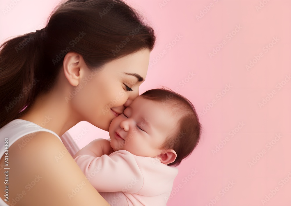 Tender Embrace Between Mother and Child Against a Soft Pink Background Tender Embrace Between Mother and Child Against a Soft Pink Background