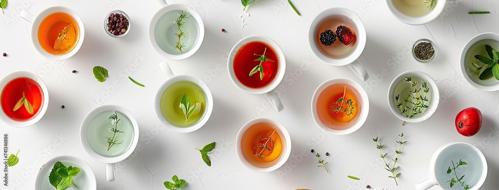 cups of various teas including green, black, fruit, and herbal tea on a white background, inviting viewers to indulge in a sensory journey of tea exploration. cups of various teas including green, black, fruit, and herbal tea on a white background, inviting viewers to indulge in a sensory journey of tea exploration.