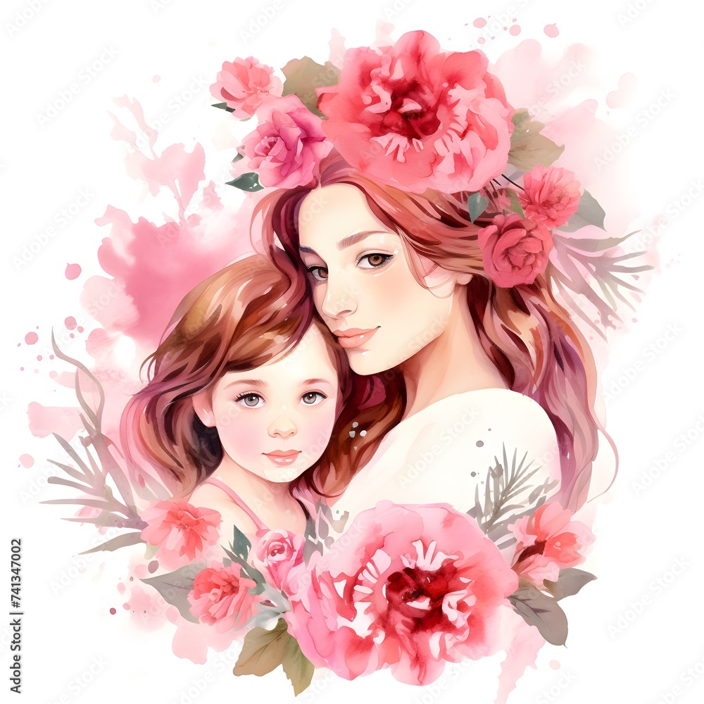 Mother and Daughter Embracing With Floral Headbands on a White Background