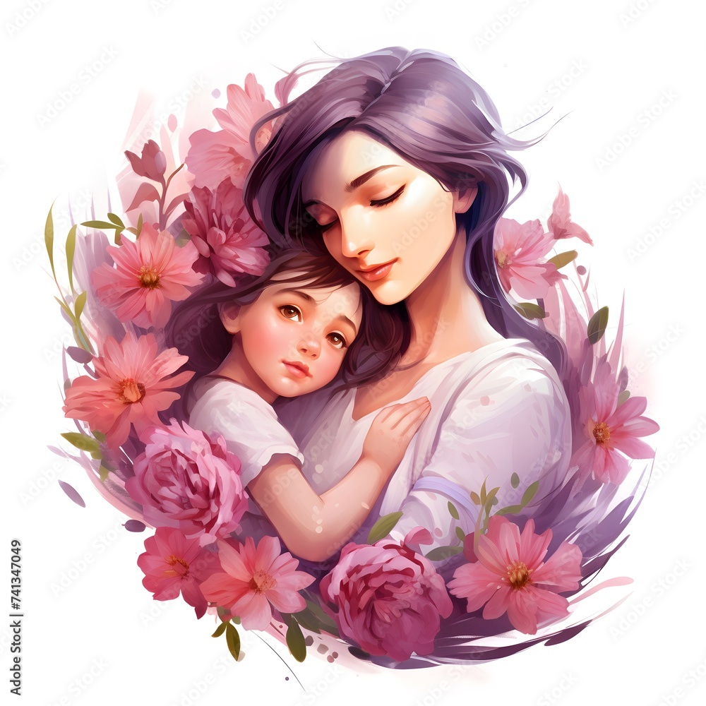Mother and Daughter Surrounded by Blossoming Flowers on a Serene White Background Mother and Daughter Surrounded by Blossoming Flowers on a Serene White Background