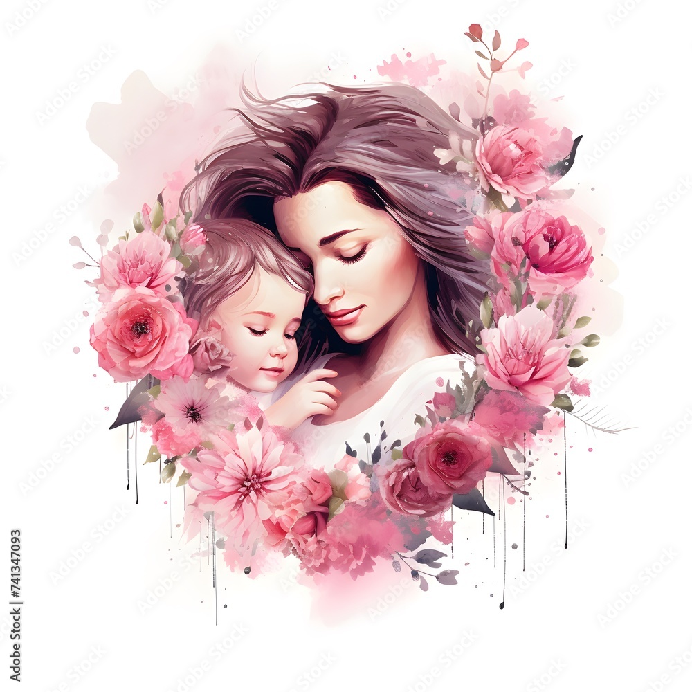 Mother and Daughter Surrounded by Blossoming Flowers on a Serene White Background
