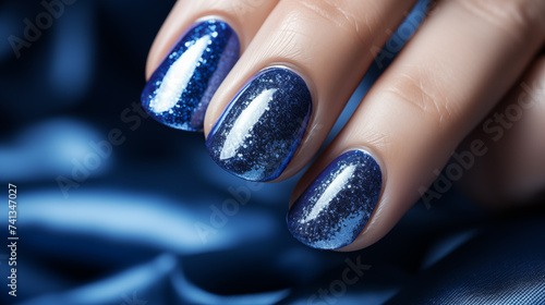 Glamorous woman's hand with deep blue nail polish on her nails. Nail manicure with gel polish in a luxury beauty salon. Nail art and design. Model of a woman's hand photo