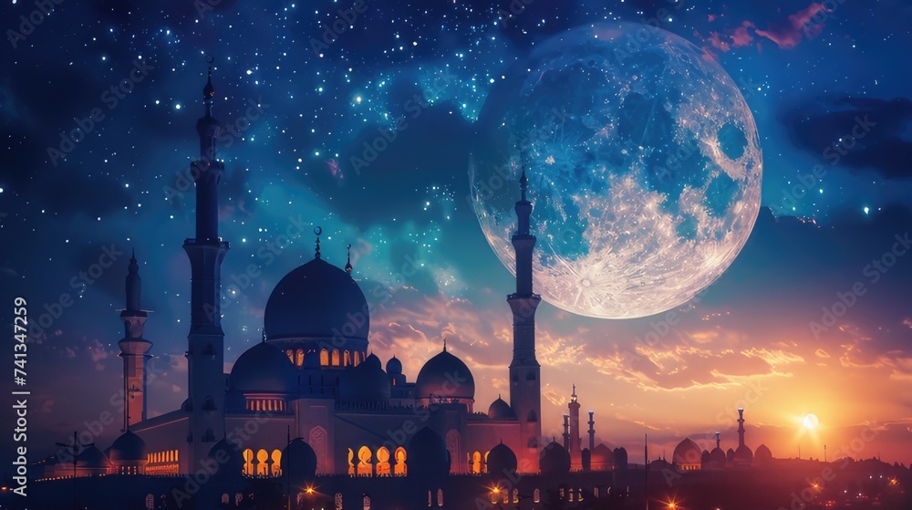 the full moon illuminating the night sky during the holy month of Ramadan, evoking a sense of serenity and spirituality amidst the peaceful darkness.