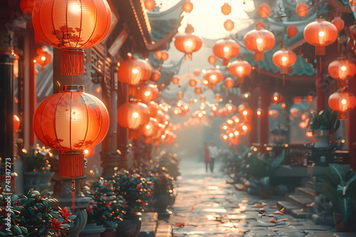 Chinese Lantern-Lit Street Scene at Morning