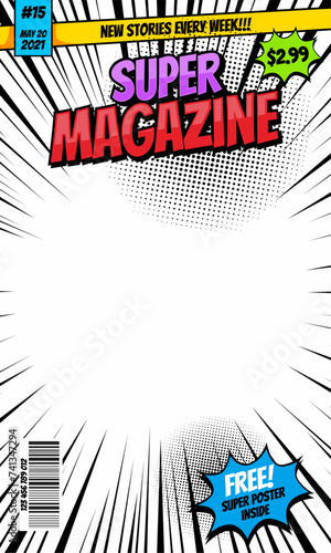 Comic magazine cover. Vintage comic book vector template. Book cover for comic cartoon magazine page illustration