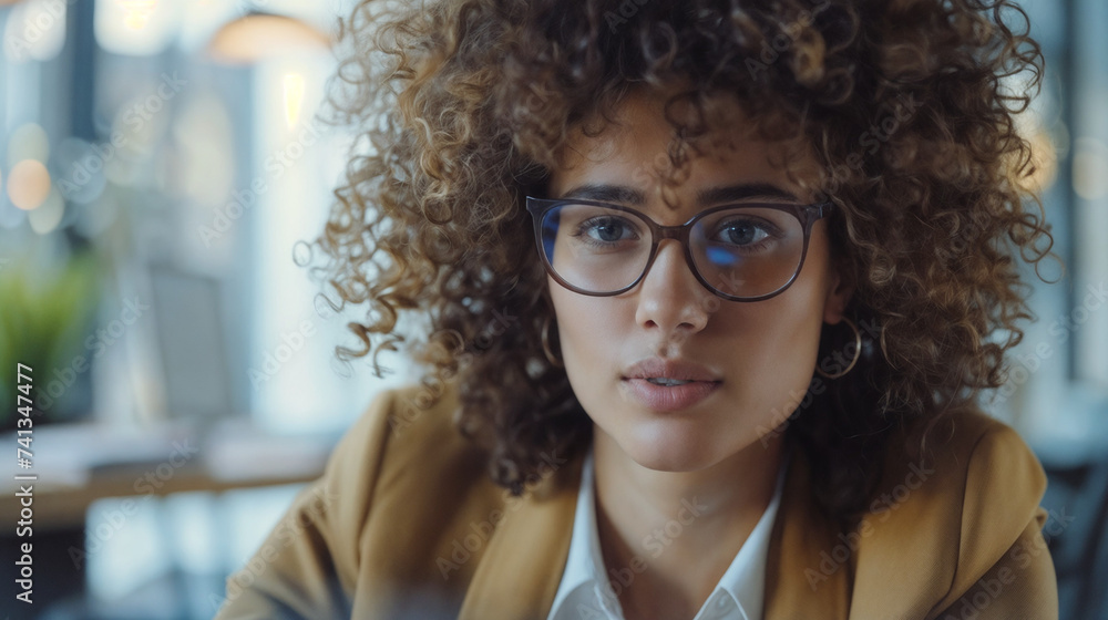 Businesswoman in Corporate Setting, Curly-Haired Female in Glasses Implying Positive Work Environment, Urban Job Interview Scene, Focus on Comfortable Professional Interaction