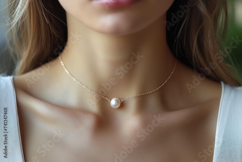 A woman is showcasing a pearl necklace on her neck