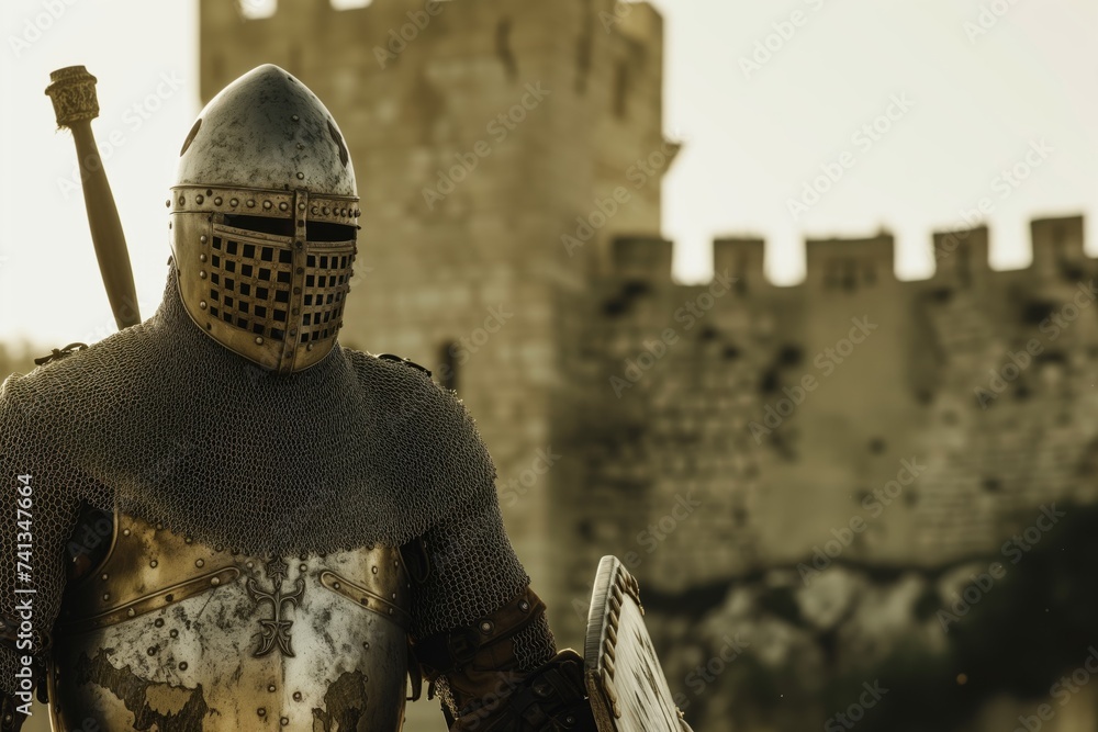 knight in chainmail on patrol, castle walls in immediate background knight in chainmail on patrol, castle walls in immediate background