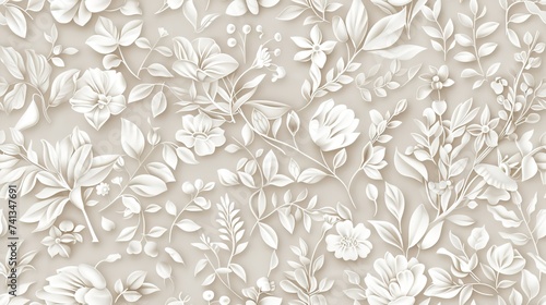 flowers and leaves in soft white and light colors, to showcase delicate botanical elements, perfect for various design applications. SEAMLESS PATTERN.