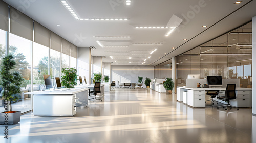 Office space design, modern minimalist style. Plenty of space and requires a high-end feel and wide viewing angles. Large areas of the ceiling and walls are white