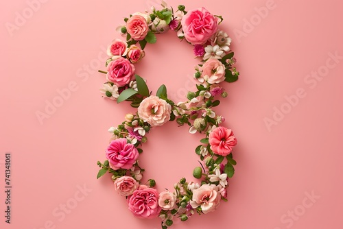 Floral Arrangement in the Shape of Number 8 on a Pink Background © provectors