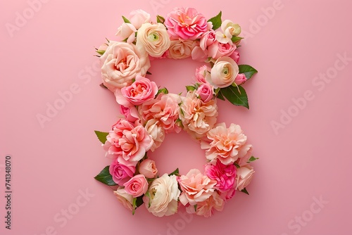 Floral Arrangement in the Shape of Number 8 on a Pink Background