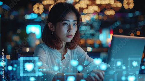 Young woman working on laptop with futuristic interface. Generative AI image