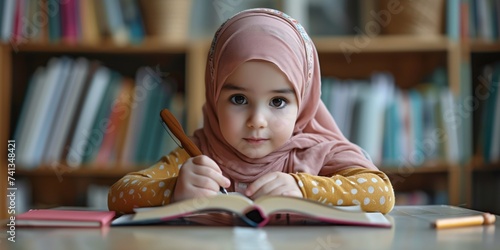 Adorable young Muslim girl practicing literacy skills by studying a book and engaging in writing activities at home, showcasing her creativity. photo