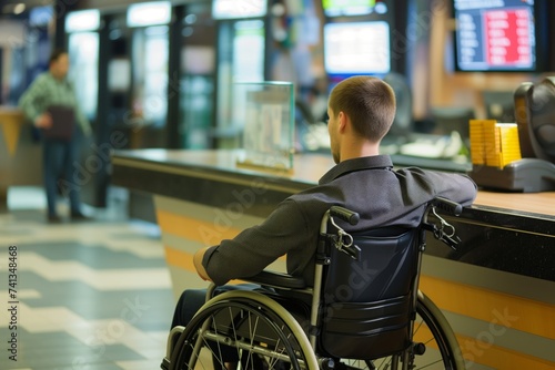 man in wheelchair at currency exchange counter
